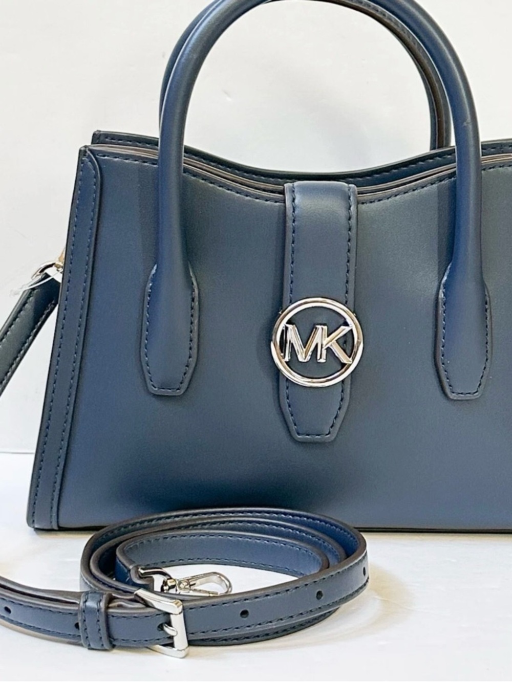 NWT Michael Kors Navy Blue Gabby Leather Satchel with MK Medallion. Price FIRM